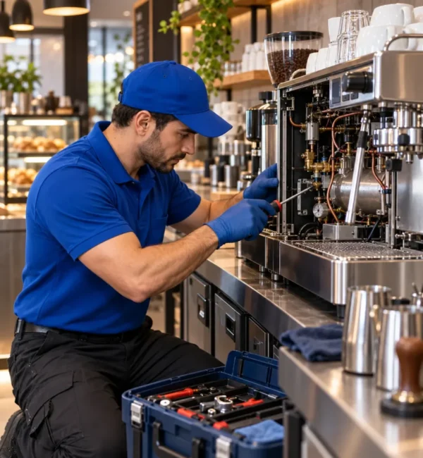 Technician inspecting and repairing a coffee machine