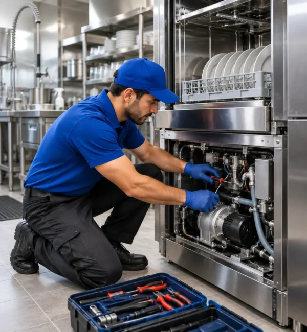 Technician inspecting and repairing a dishwasher